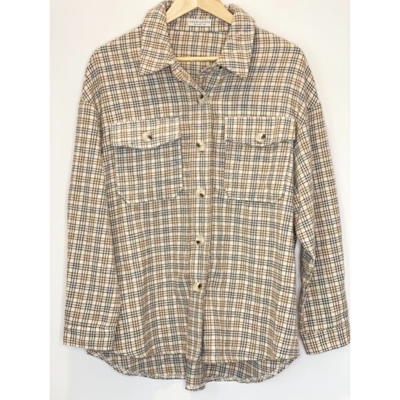 Paper Crane Women's Flannel Shirt Shacket Size Large Neutral Classic h59 - Picture 14 of 15